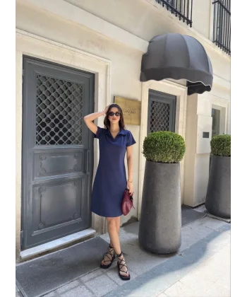 Osy Modal Yumuşak Dokulu Kumaş Yakalı Kısa Kollu Elbise - Mavi