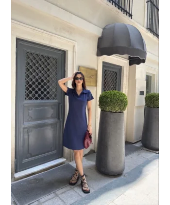 Osy Modal Yumuşak Dokulu Kumaş Yakalı Kısa Kollu Elbise - Mavi