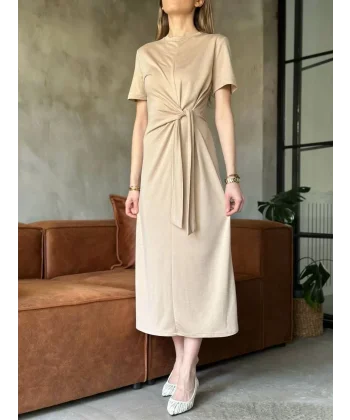 Osy Modal Yumuşak Dokulu Kumaş Yandan Bağlamalı Elbise - Bej
