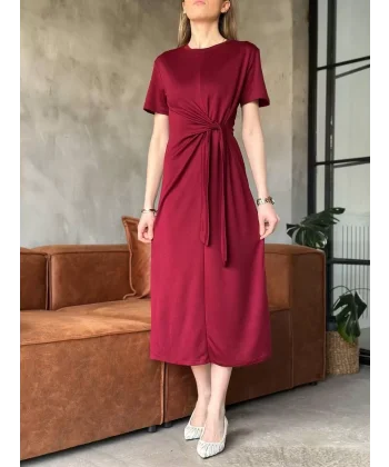 Osy Modal Yumuşak Dokulu Kumaş Yandan Bağlamalı Elbise - Bordo