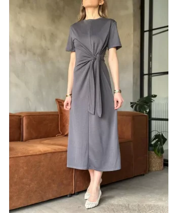 Osy Modal Yumuşak Dokulu Kumaş Yandan Bağlamalı Elbise - Gri
