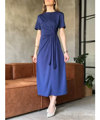 Osy Modal Yumuşak Dokulu Kumaş Yandan Bağlamalı Elbise - Lacivert