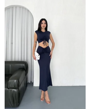 Osy odal Yumuşak Dokulu Kumaş Büzgülü Crop Etek Takım acivert