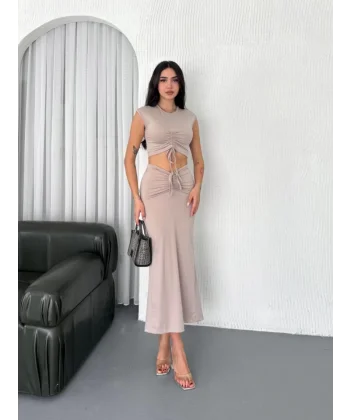 Osy odal Yumuşak Dokulu Kumaş Büzgülü Crop Etek Takım Bej