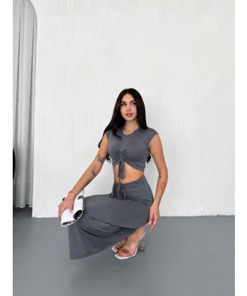 Osy odal Yumuşak Dokulu Kumaş Büzgülü Crop Etek Takım Gri