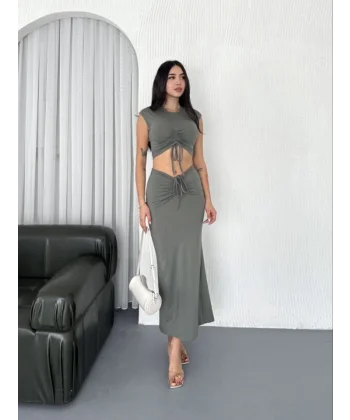 Osy odal Yumuşak Dokulu Kumaş Büzgülü Crop Etek Takım  int Yeşili