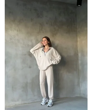 Osy odal Yumuşak Dokulu Kumaş Gogger  Kapüşonlu Yarım Fermuarlı Takım  Bej