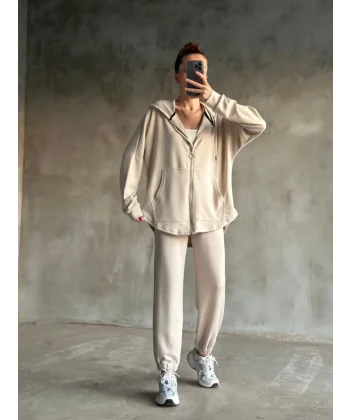 Osy odal Yumuşak Dokulu Kumaş Gogger Oval Kesim Kapüşonlu Fermuarlı Takım Beyaz