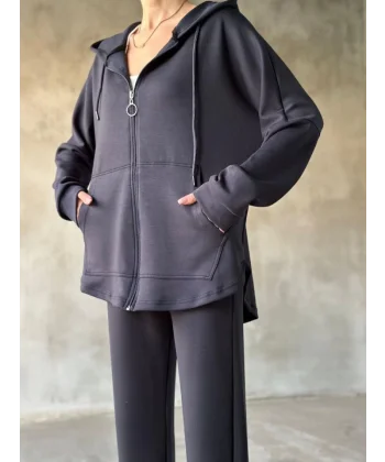 Osy odal Yumuşak Dokulu Kumaş Gogger Oval Kesim Kapüşonlu Fermuarlı Takım Füme