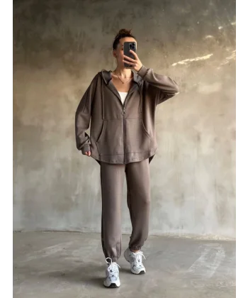 Osy odal Yumuşak Dokulu Kumaş Gogger Oval Kesim Kapüşonlu Fermuarlı Takım Gri