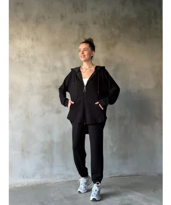 Osy odal Yumuşak Dokulu Kumaş Gogger Oval Kesim Kapüşonlu Fermuarlı Takım iyah