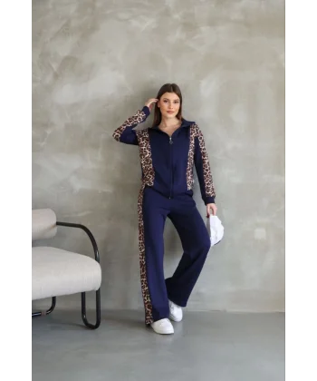 Osy odal Yumuşak Dokulu Kumaş Kapüşonlu eopar Desenli Fermuarlı Takım  acivert