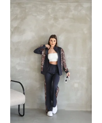 Osy odal Yumuşak Dokulu Kumaş  Kapüşonlu eopar Desenli Fermuarlı Takım  Antrasit