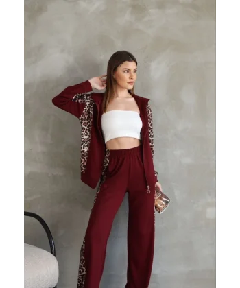 Osy odal Yumuşak Dokulu Kumaş Kapüşonlu eopar Desenli Fermuarlı Takım  Bordo