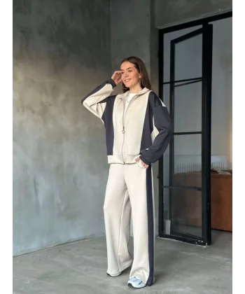 Osy odal Yumuşak Dokulu Kumaş Kapüşonlu Fermuarlı Takım  Bej