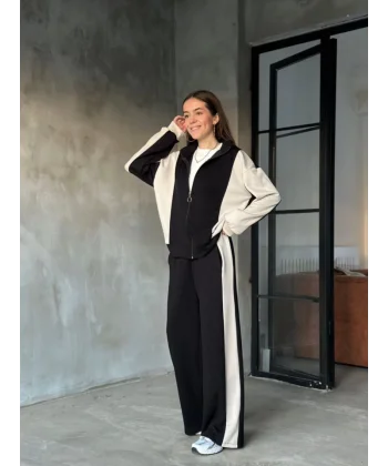 Osy odal Yumuşak Dokulu Kumaş Kapüşonlu Fermuarlı Takım  iyah