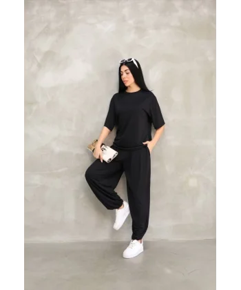 Osy odal Yumuşak Dokulu Kumaş Oversize Bisiklet Yaka Tshirt Jogger Eşofman Altı Eşofman Takımı  iyah