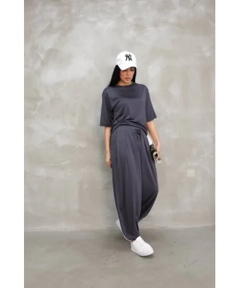 Osy odal Yumuşak Dokulu Kumaş Oversize Bisiklet Yaka Tshirt Jogger Eşofman Altı Eşofman Takımı  Antrasit