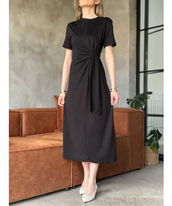 Osy odal Yumuşak Dokulu Kumaş  Yandan Bağlamalı Elbise  iyah