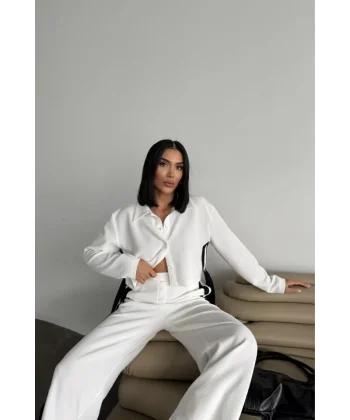 OTTOMAN EŞOFMAN TAKIM YANLARI ŞERİT DETAYLI - Beyaz