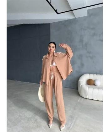 OUZ AÇAK DENİZ KABUĞU GÖEK  PANTOON TAKI  Bej