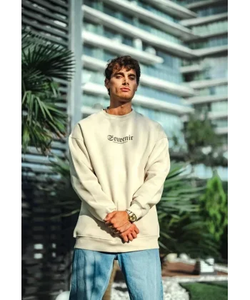 Oversize Bisiklet Yaka Baskılı SweatShirt - Beyaz