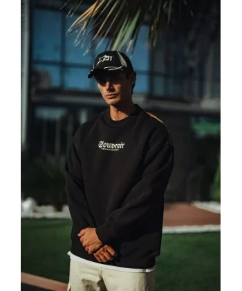 Oversize Bisiklet Yaka Baskılı SweatShirt - Siyah