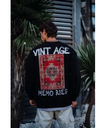 Oversize Bisiklet Yaka Üç İplik Baskılı SweatShirt - Siyah