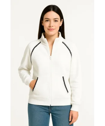 Oversize Dik Yaka Fermuarlı Sweatshirt - Zincir Nakışli Kanguru Cepli, - Beyaz