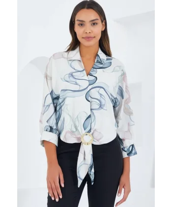 Oversize Dökümlü Crop Saten Gömlek 906  İndigo