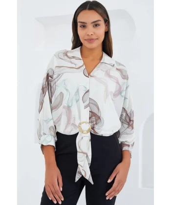 Oversize Dökümlü Crop Saten Gömlek 906  Kahverengi