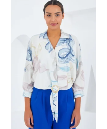 Oversize Dökümlü Crop Saten Gömlek 906  Mavi