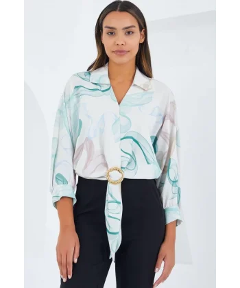 Oversize Dökümlü Crop Saten Gömlek 906  Mint