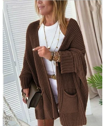 Oversize Kalıp Cepli Salaş Triko Hırka Kahve