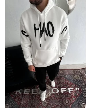 Oversize Kapşonlu Baskılı SweatShirt - Beyaz