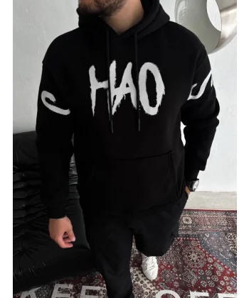 Oversize Kapşonlu Baskılı SweatShirt - Siyah