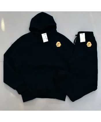 Oversize Kapüşonlu Üç İplik Baskılı Eşofman Takım - Siyah