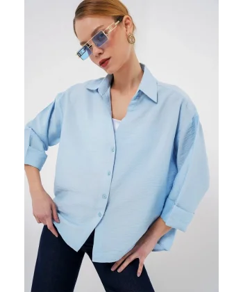Oversize Kısa Kol Gömlek 20315 - Mavi