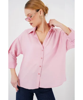 Oversize Kısa Kol Gömlek 20315 - Pembe