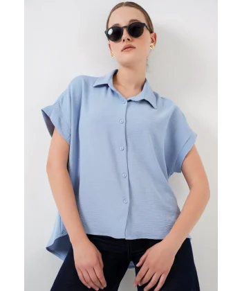Oversize Kısa Kol Gömlek 20322 - Mavi
