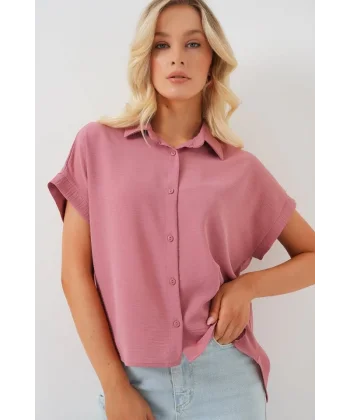 Oversize Kısa Kol Gömlek 20322 - Pembe