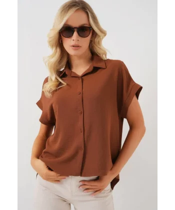 Oversize Kısa Kol Gömlek 20322 - Taba