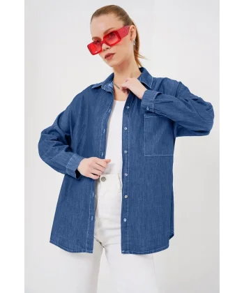 Oversize Kot Gömlek 20280 - Lacivert