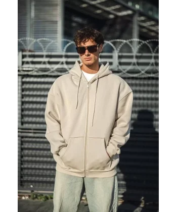 Oversize Tam Fermuarlı Uzun Kol Hırka - Bej