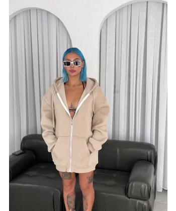 Oversize Tam Fermuarlı Uzun Kol Hırka - Bej