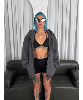 Oversize Tam Fermuarlı Uzun Kol Hırka - Füme