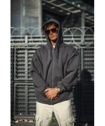 Oversize Tam Fermuarlı Uzun Kol Hırka - Füme