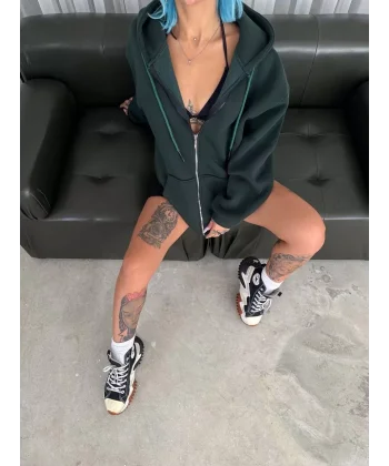 Oversize Tam Fermuarlı Uzun Kol Hırka - Haki