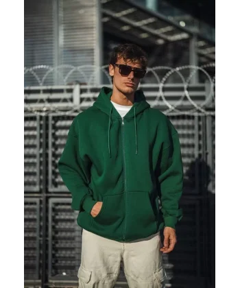 Oversize Tam Fermuarlı Uzun Kol Hırka - Haki