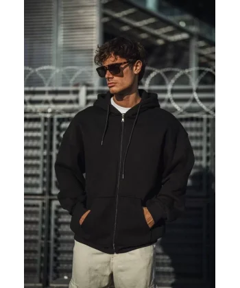 Oversize Tam Fermuarlı Uzun Kol Hırka - Siyah